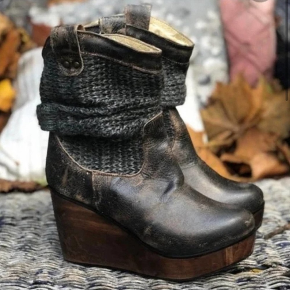 BED STU Bruges Wedge Platform Boots Sz 7.5 Brown Distressed Leather Slouchy Knit